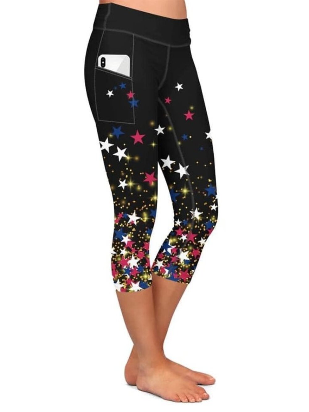 Falling Twinkle Star Print Capri Leggings w/ Pockets - Red White & Blue